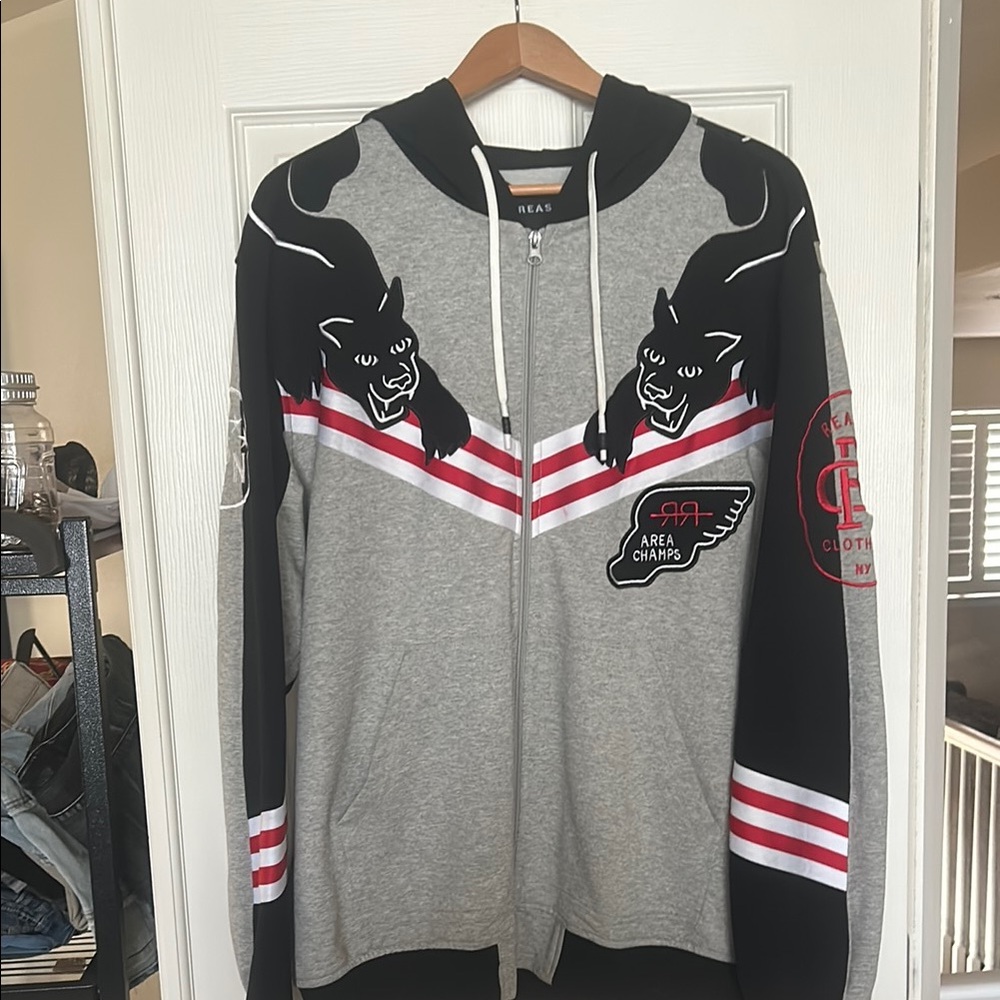 Reason Gray and Black Zip Up Sweater with Chevron Design